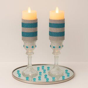 Handmade Glam Crystal Candle Holders – Silver & Teal Jeweled Design (Set of 2)